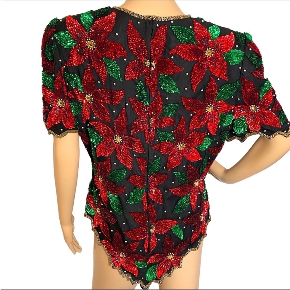 Laurence Kazar Paris New York red green poinsettia sequin blouse top medium m - Picture 2 of 6